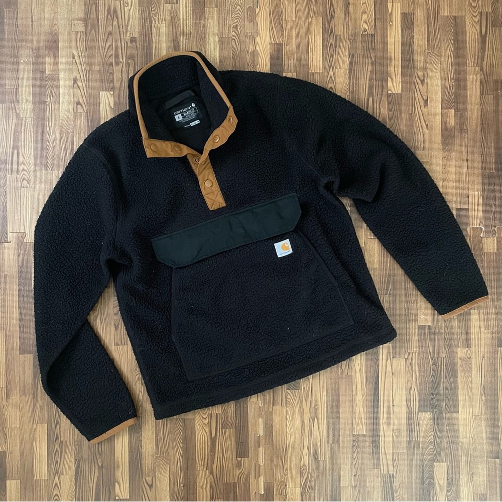 Carhartt Men's Relaxed Fit Fleece Pullover Black with tan accents Small